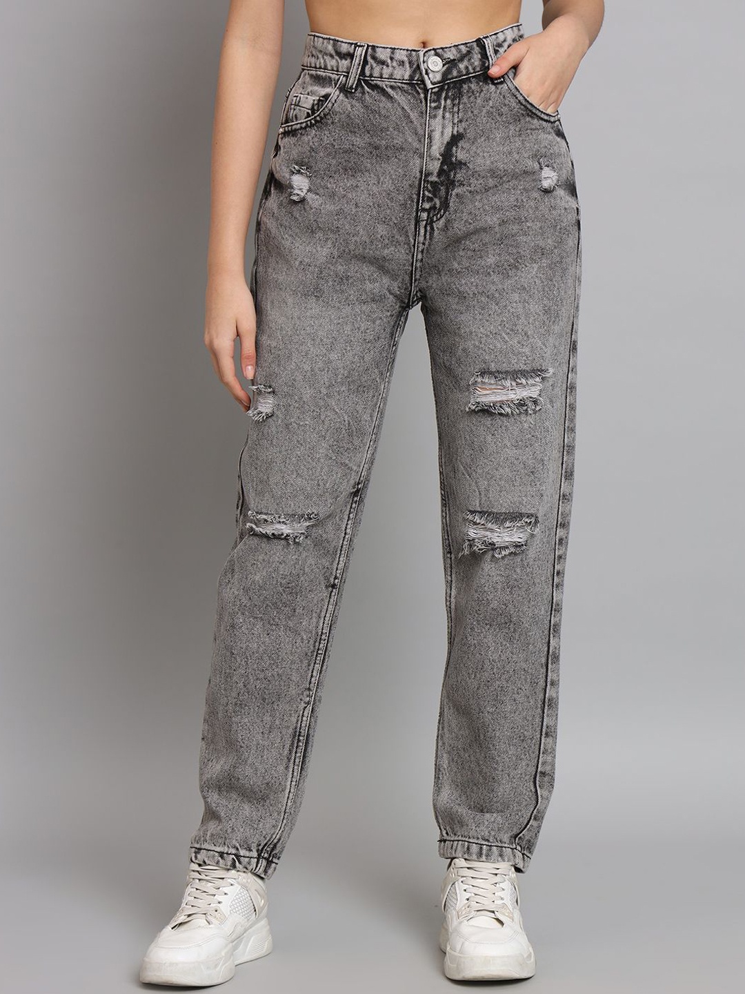 

Zaahii Women High-Rise Highly Distressed Heavy Fade Mom Fit Jeans, Grey