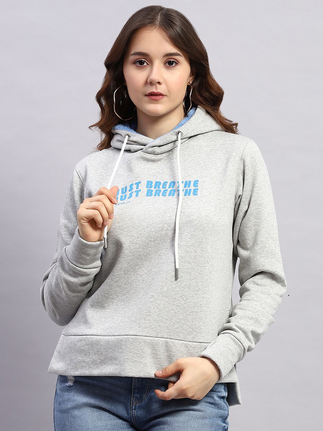 

rock.it Women Typography Printed Hooded Knitted Sweatshirt, Grey