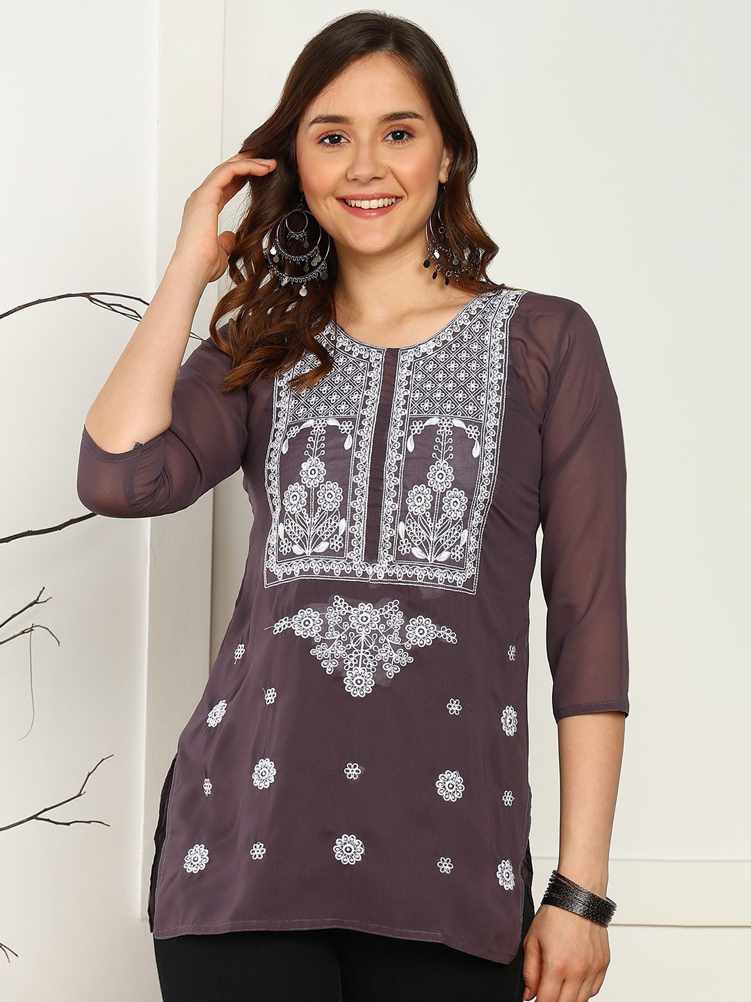 

TOP N THREAD Women Ethnic Motifs Embroidered Chikankari Kurti, Grey