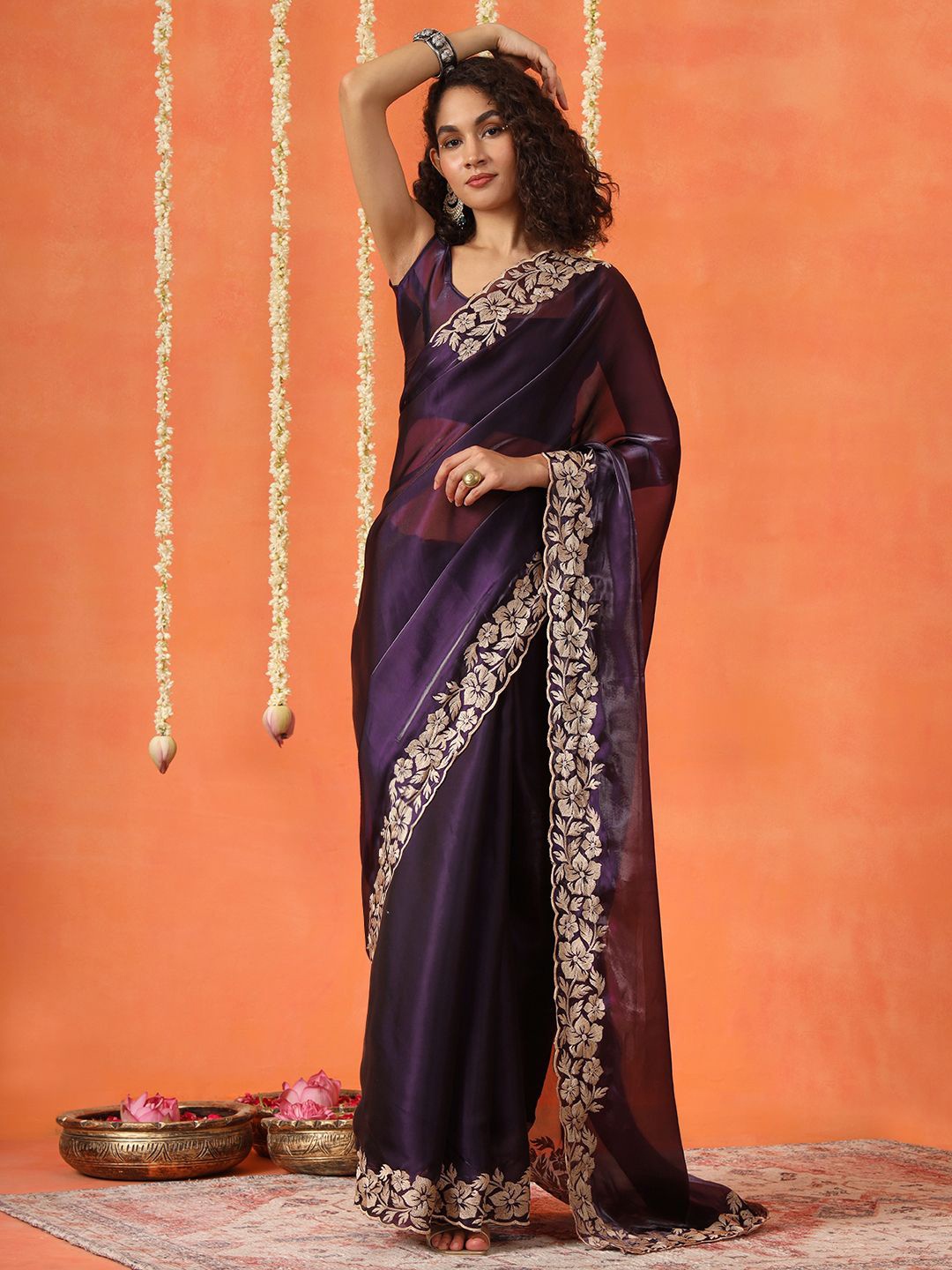 

Tikhi Imli Embroidered Organza Saree, Violet