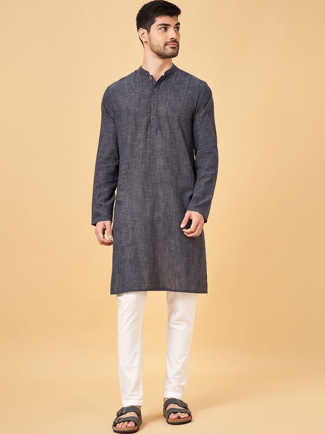 

indus route by Pantaloons Mandarin Collar Long Sleeves Cotton Straight Kurta, Grey