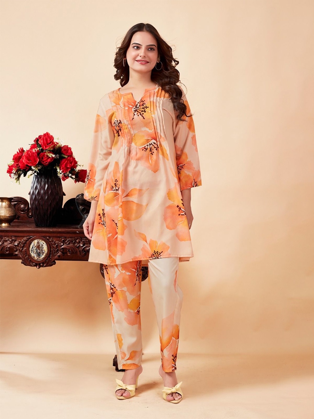 

ANAMSA Printed Tunic With Trousers, Orange