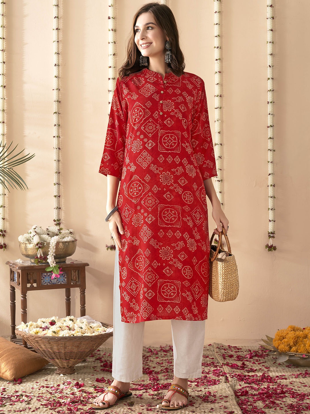

Anouk Red & White Bandhani Printed Band Collar Straight Kurta