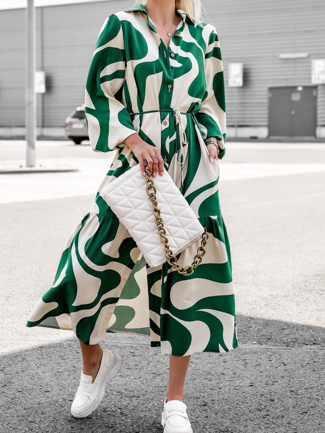 

StyleCast x Revolte Printed Puff Sleeve Shirt Midi Dress, Green