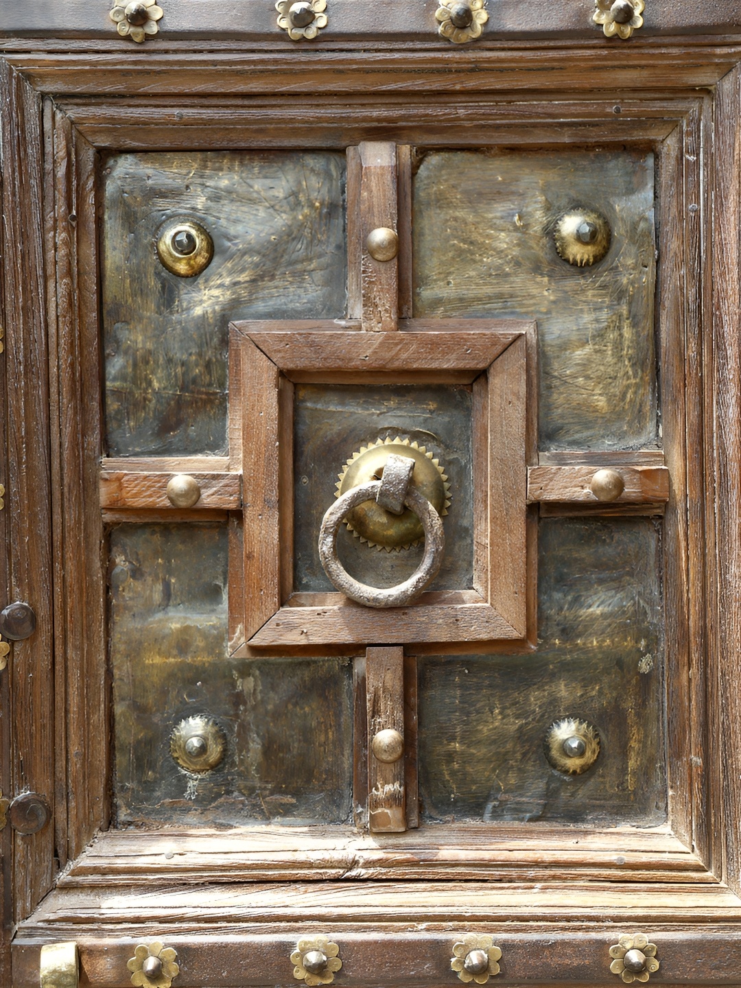 

Exotic India Wooden Vintage Indian Door with Brass & Iron Work, Brown