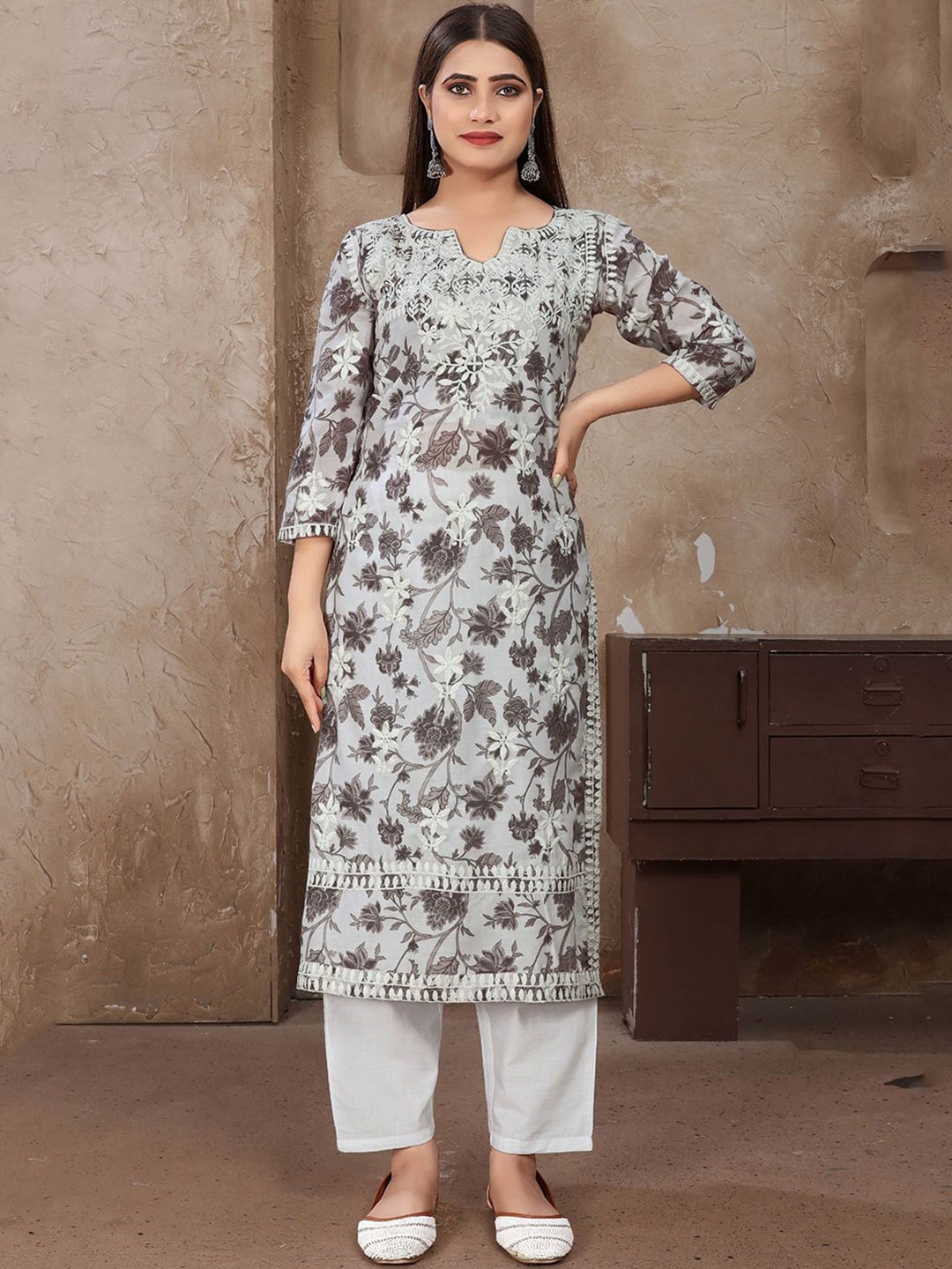 

Lilots Floral Printed Chikankari Pure Cotton Straight Kurta With Palazzo, Grey