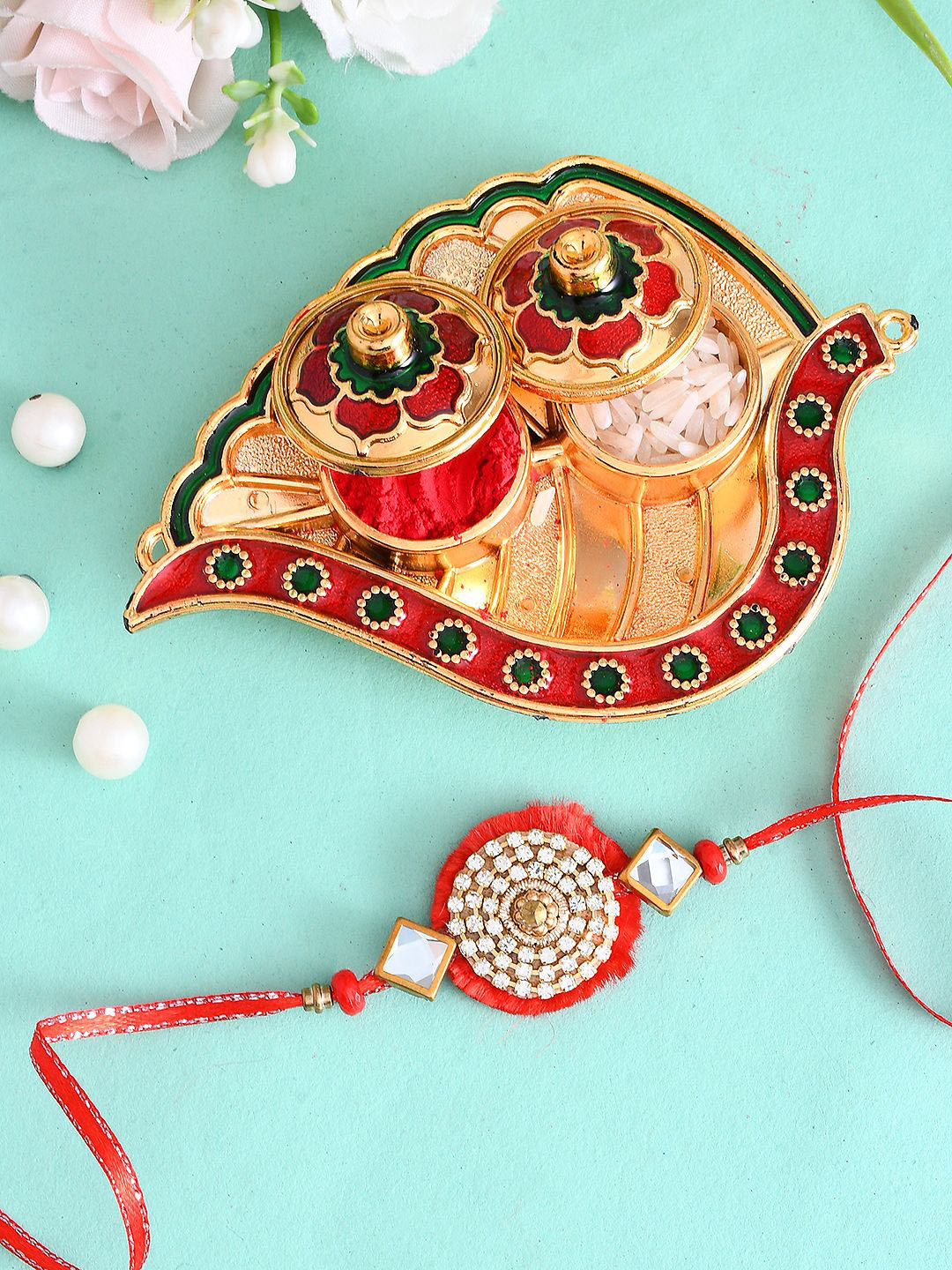 

Aapno Rajasthan Set of 2 Beaded Rakhis With Pooja Thai And Roli Chawal, Red