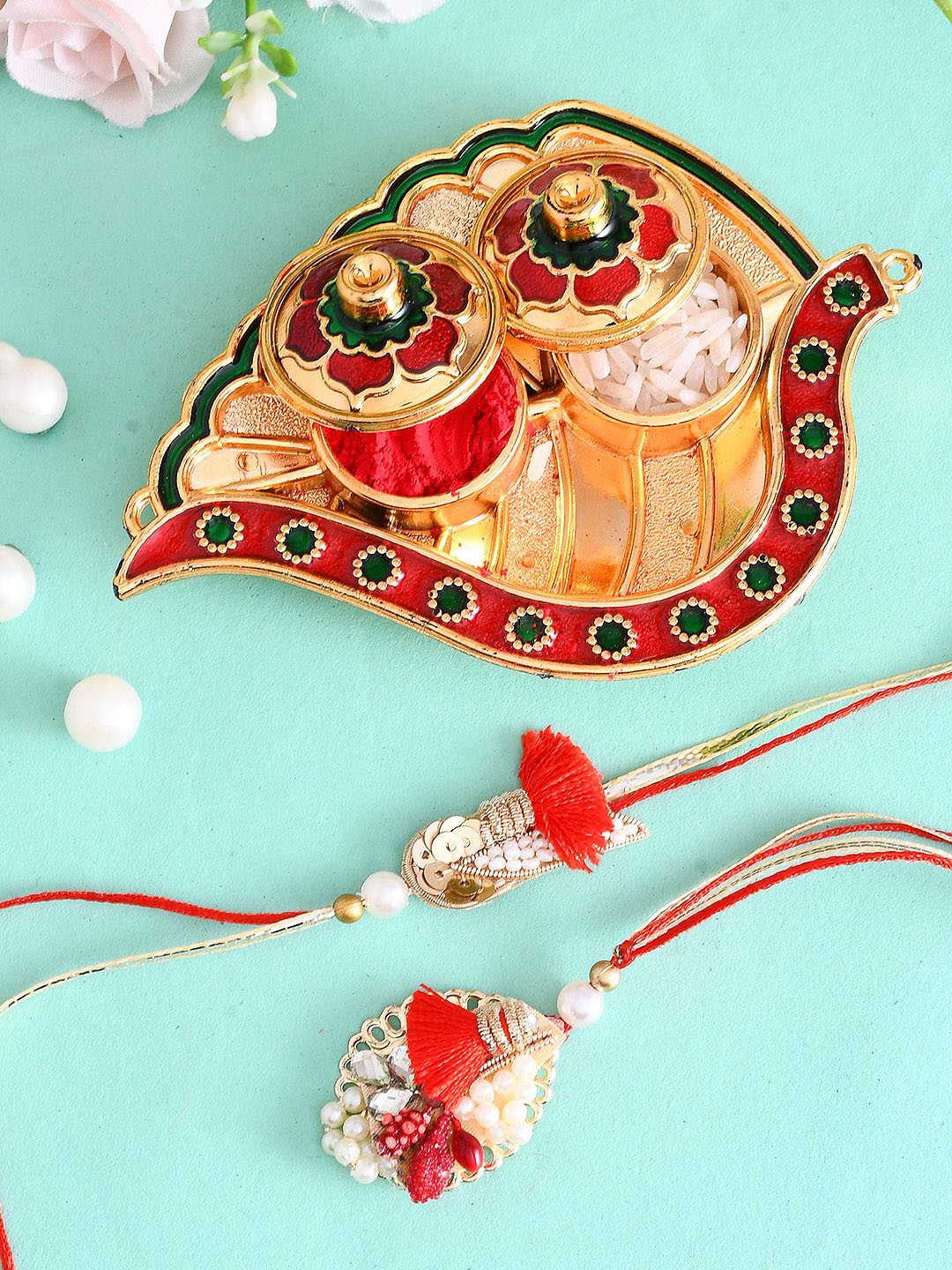 

Aapno Rajasthan Set of 2 Beaded Bhaiya Bhabhi Rakhi With Pooja Thai And Roli Chawal, Red