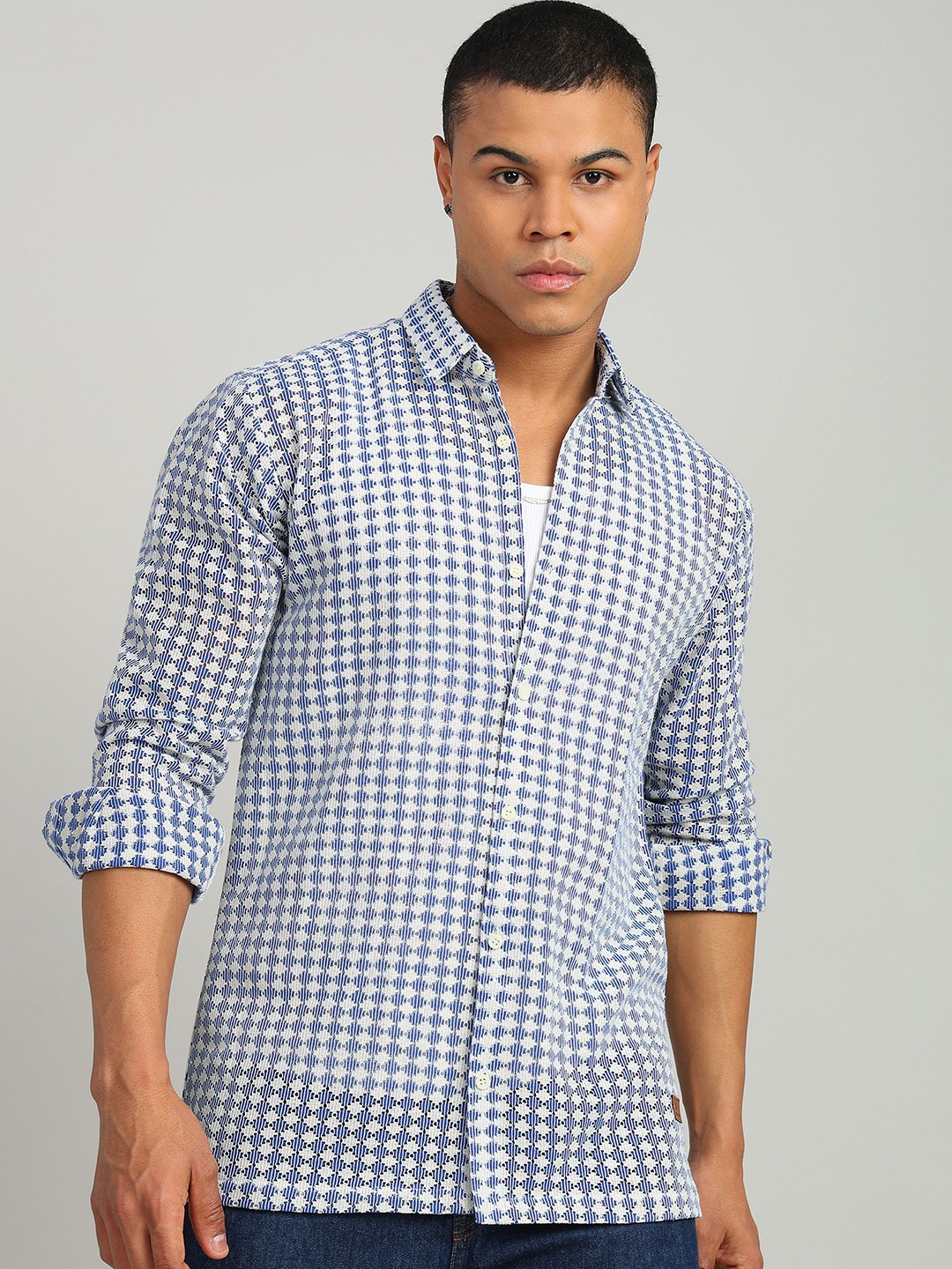 

FUBAR Men Slim Fit Gingham Checked Casual Shirt, Blue
