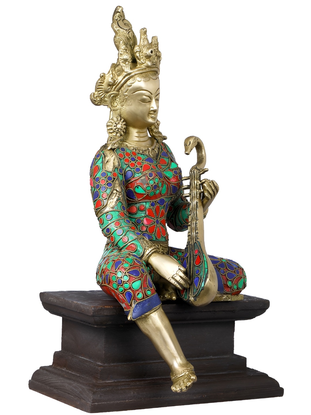 

Exotic India Gold-Toned Saraswati Seated on Wooden Pedestal Religious Idol Showpiece