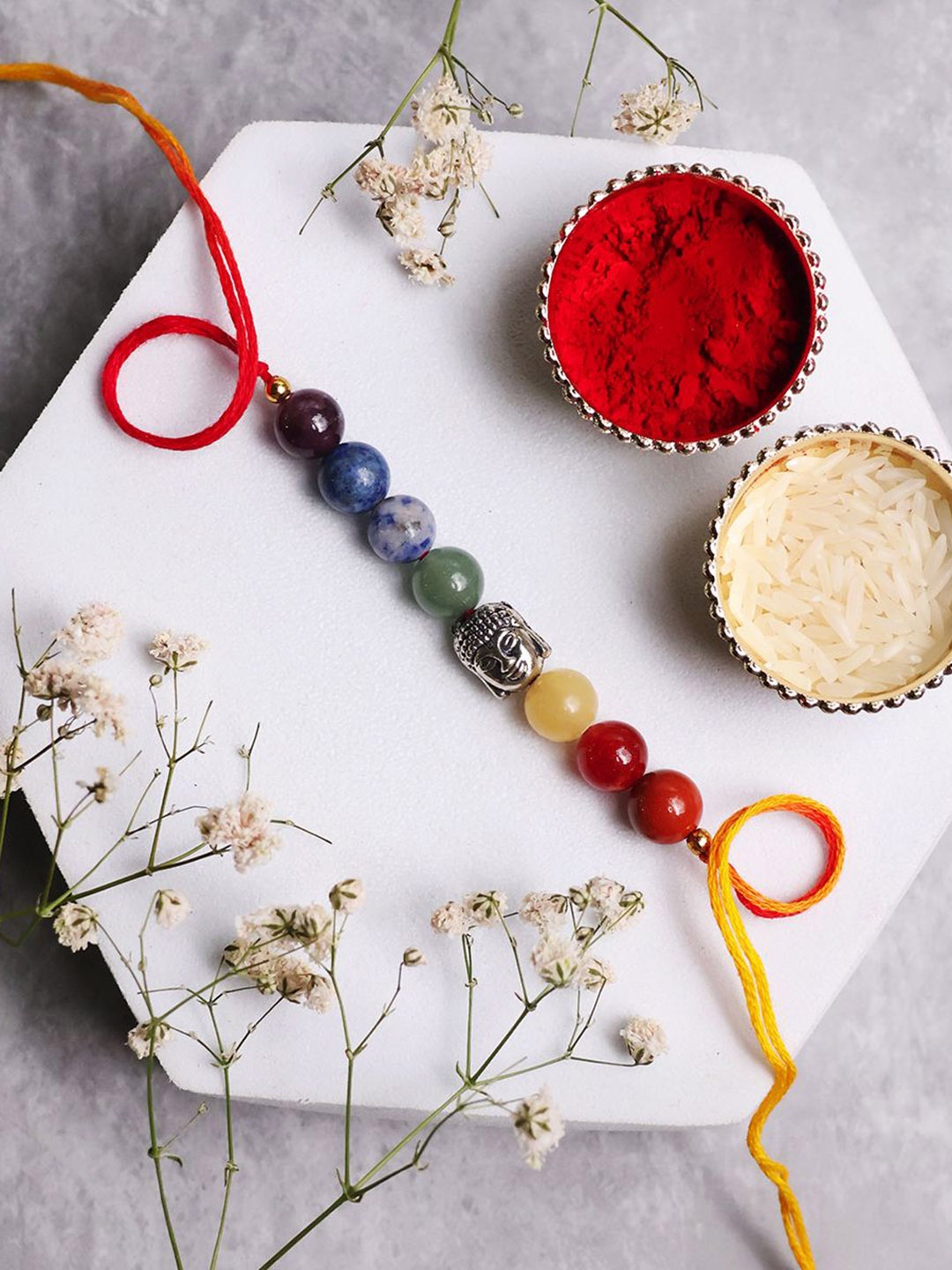

Shubhanjali Seven Chakra Buddha Beaded Thread Rakhis, Silver