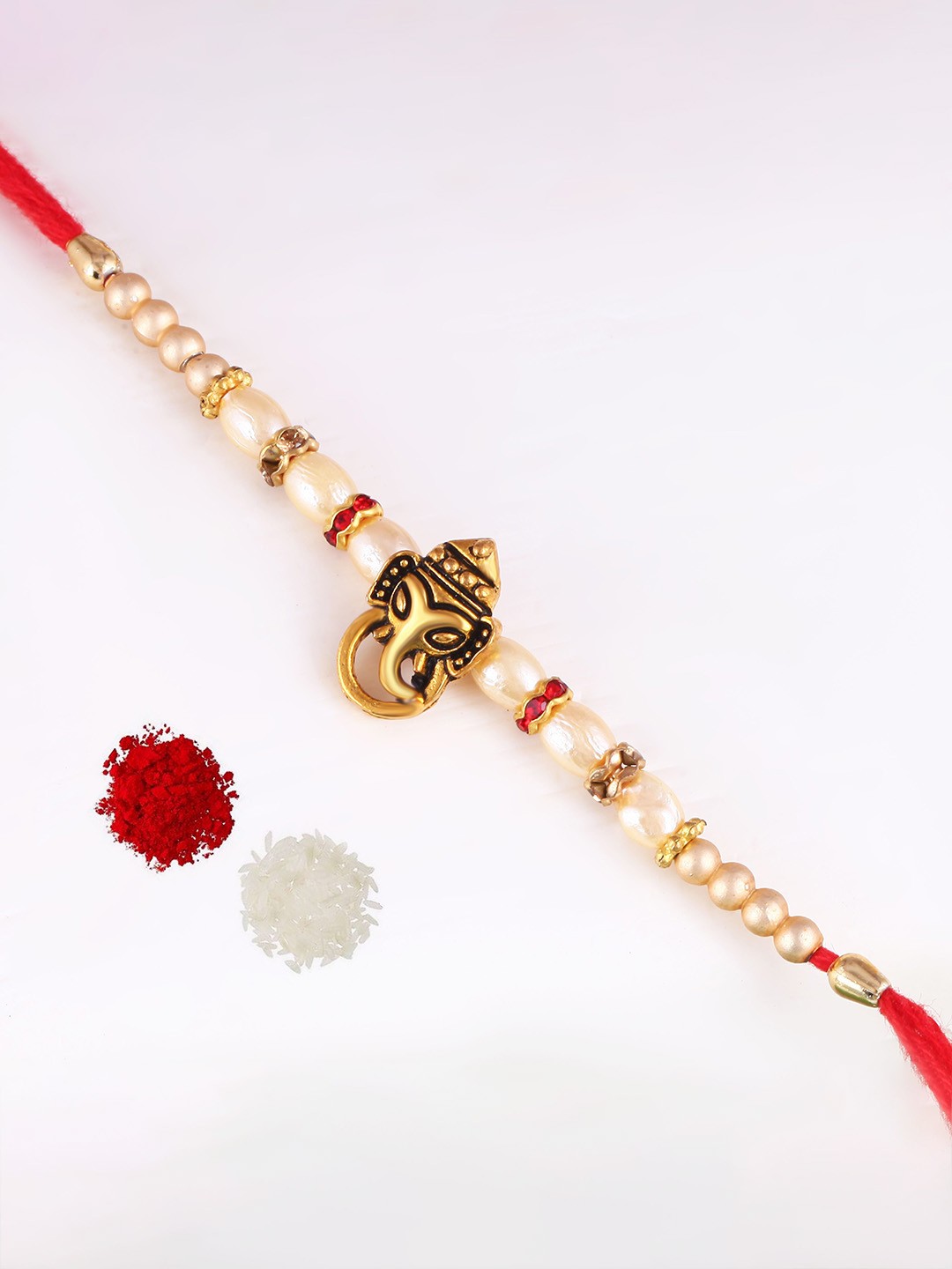 

Vighnaharta Kids Set of 3 Gold and Rhodium Plated Ganesh Beaded Thread Rakhis, Red