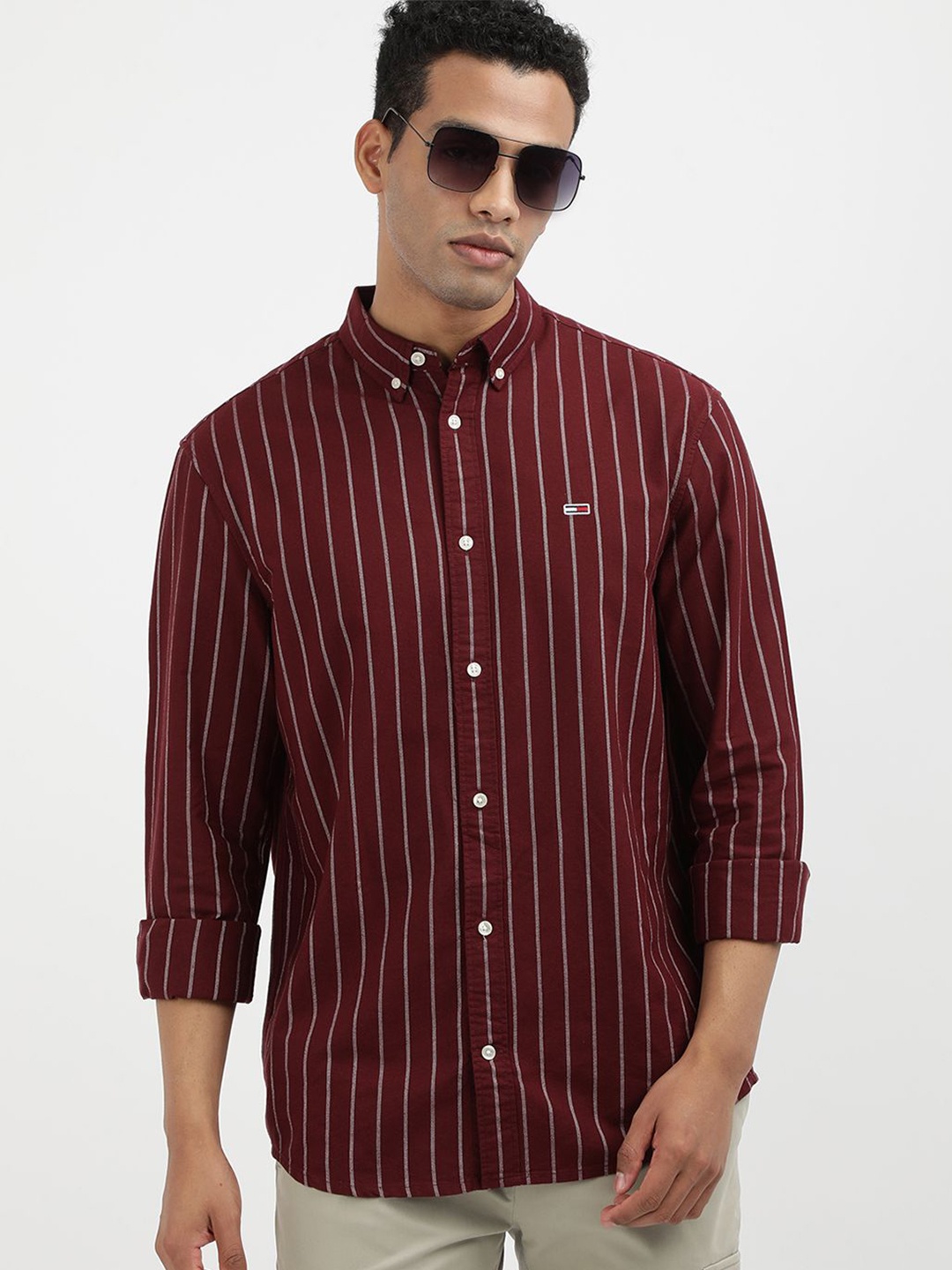 

Tommy Hilfiger Men Vertical Striped Button-Down Collar Casual Shirt, Red