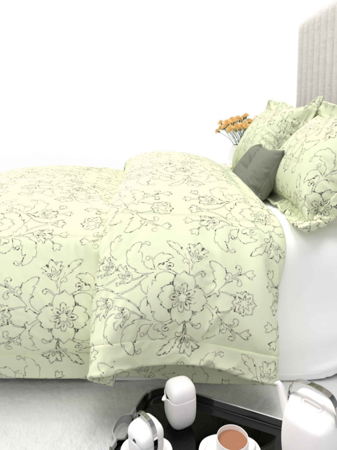 

THE WHITE MOSS Grey & Green Ethnic Motifs 600 TC King Bedsheet with 2 Pillow Covers