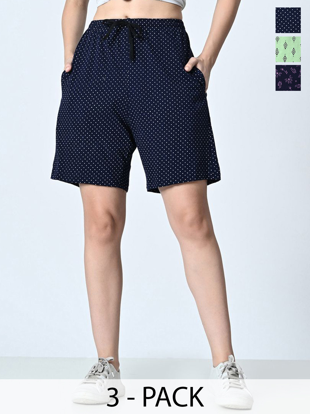 

BAESD Women Pack of 3 Pure Cotton Printed High-Rise Shorts, Navy blue