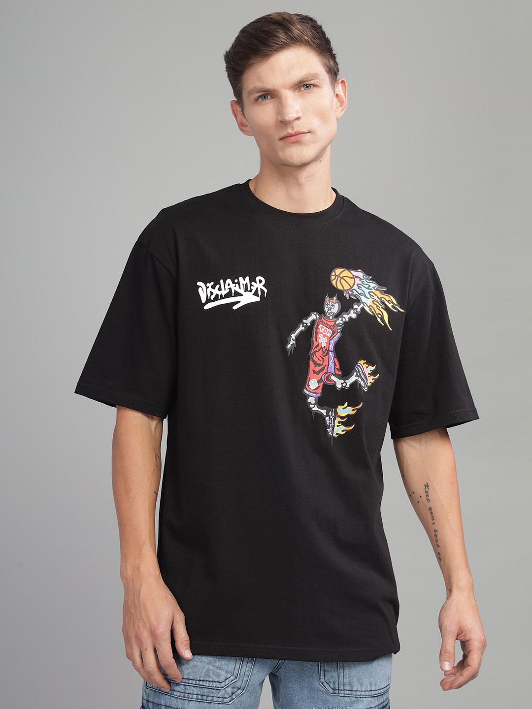 

TOMHIDDLE Men Graphic Printed Round Neck Cotton Oversized T-Shirt, Black