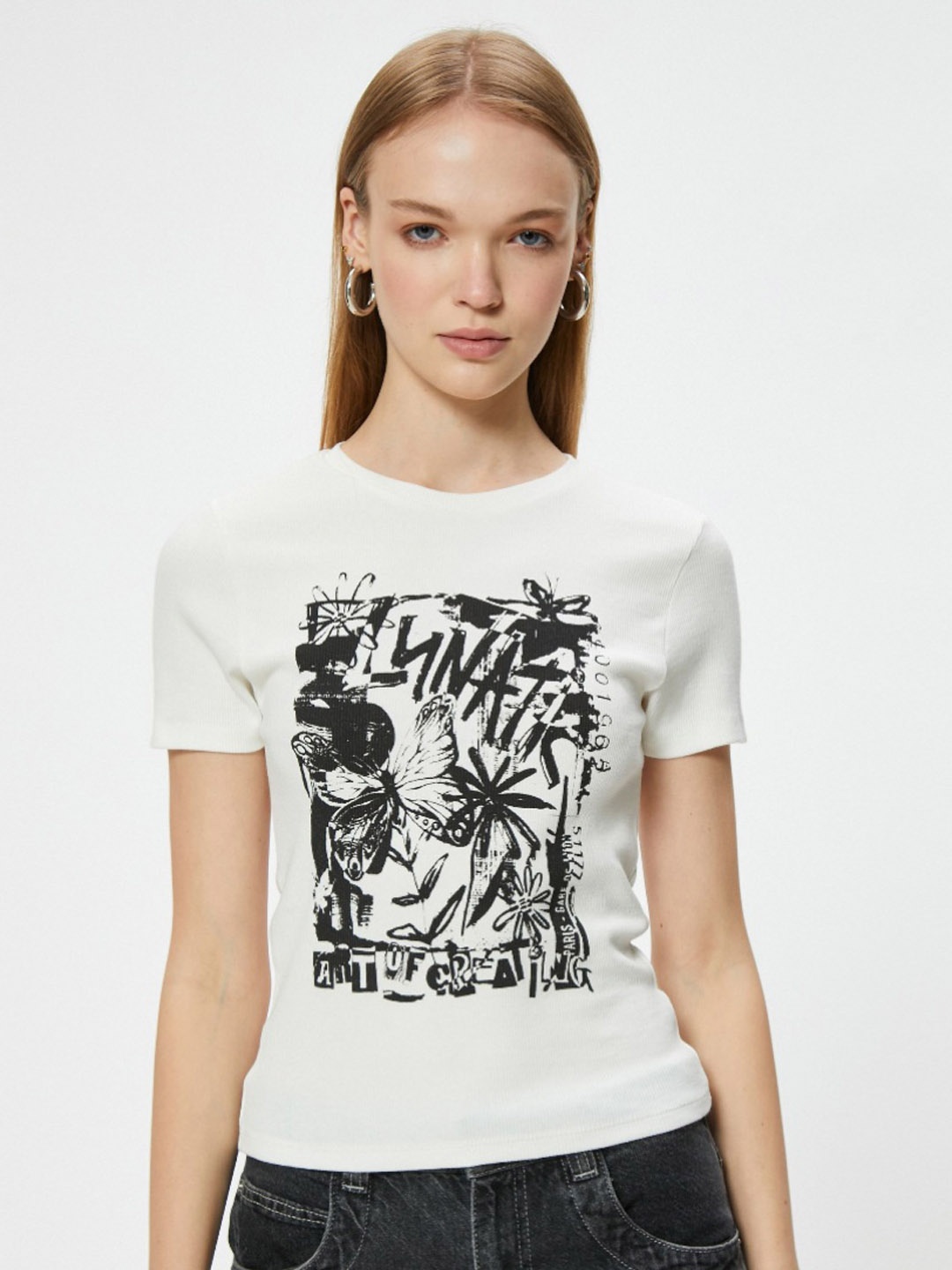 

Koton Women Graphic Printed Round Neck Cotton T-Shirt, White