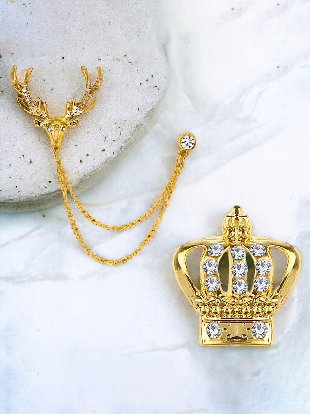 

Okos Men Set of 2 Gold Plated Indo Western Reindeer and Royal Crown Brooch