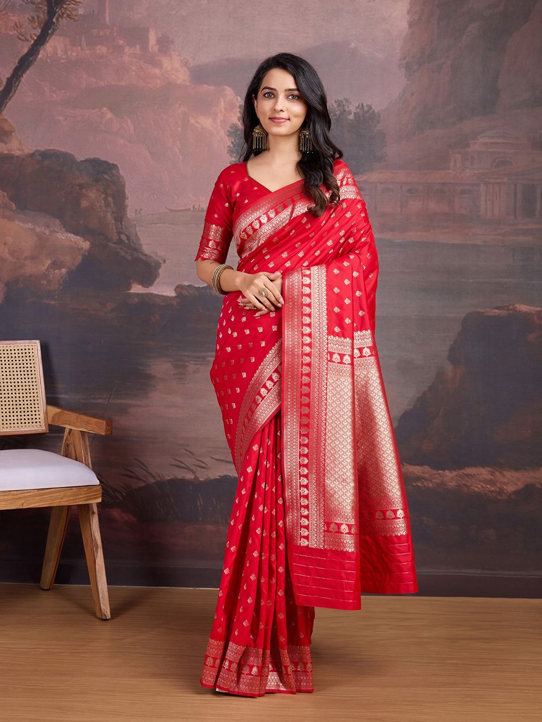 

House of Pataudi Woven Design Zari Ethnic Motifs Saree, Red