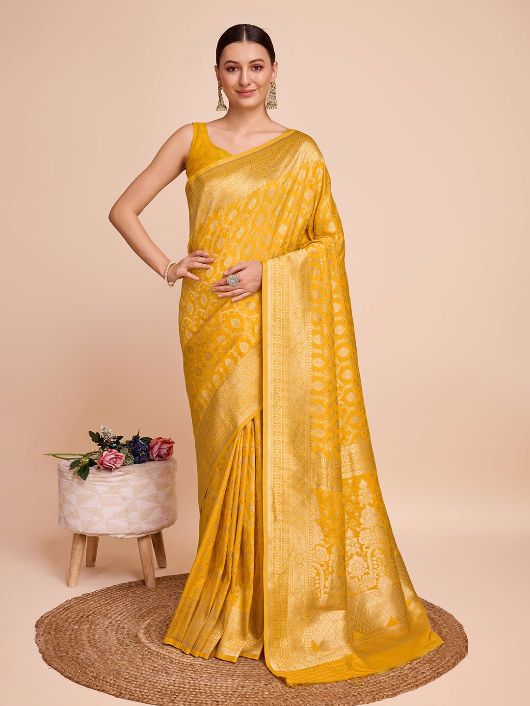 

bansari textiles Ethnic Motifs Zari Banarasi Saree, Yellow