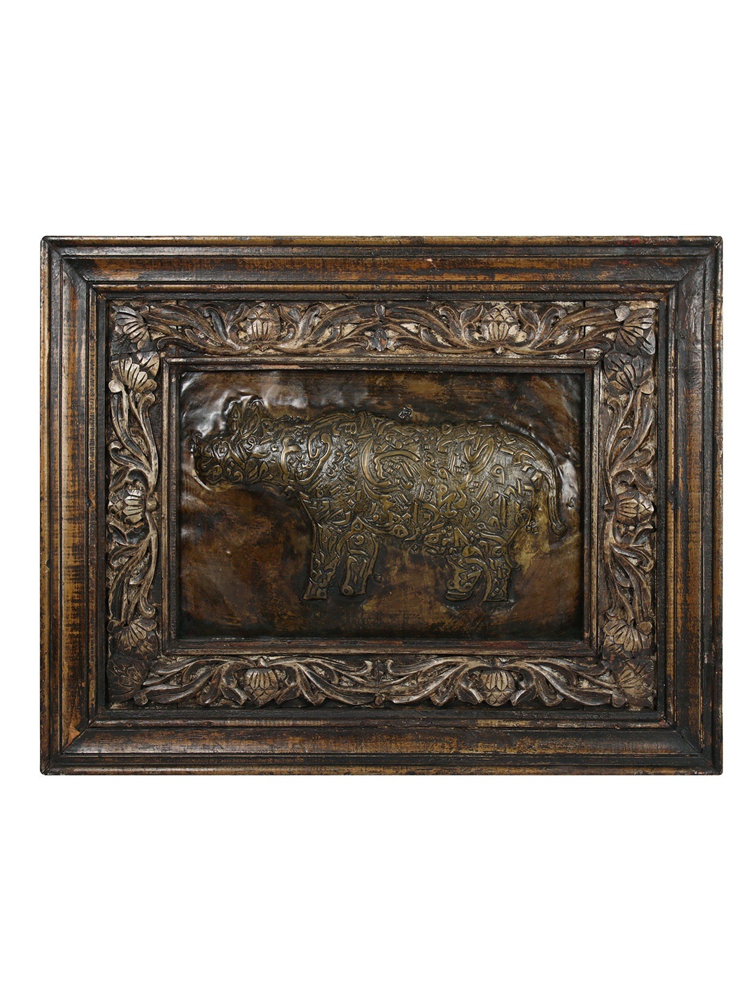 

Exotic India Brown Wooden Calligraphic Rhinoceros Wall Hanging