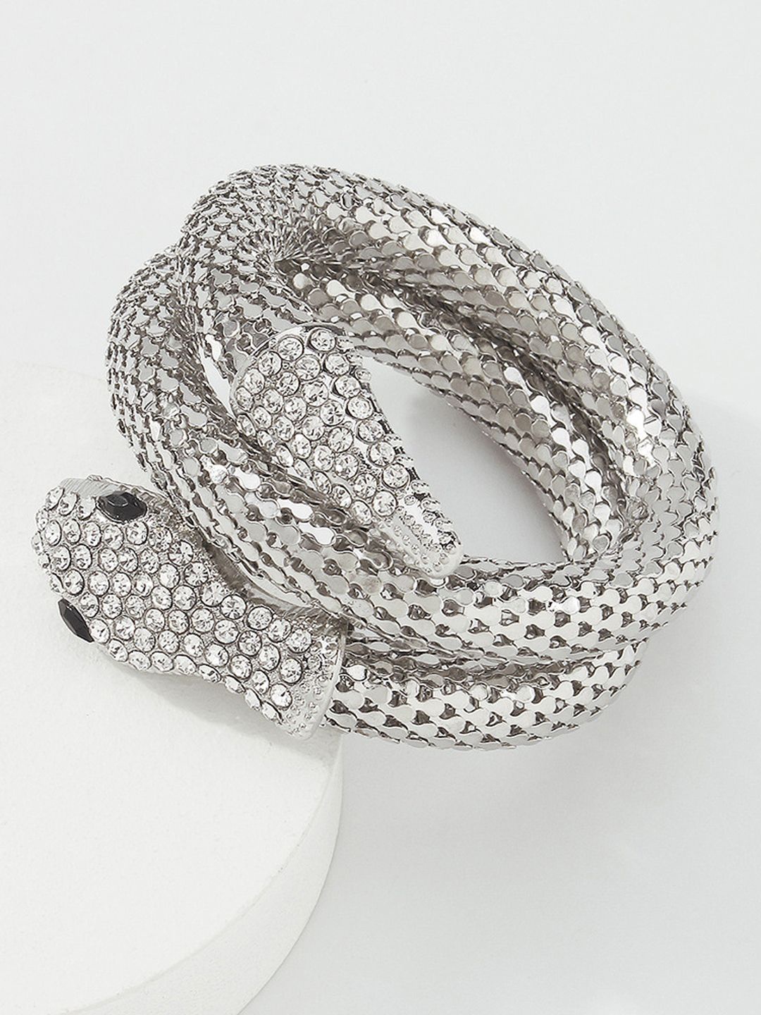 

KRENOZ Silver-Plated Stone-Studded Snake Shaped Cuff Bracelet