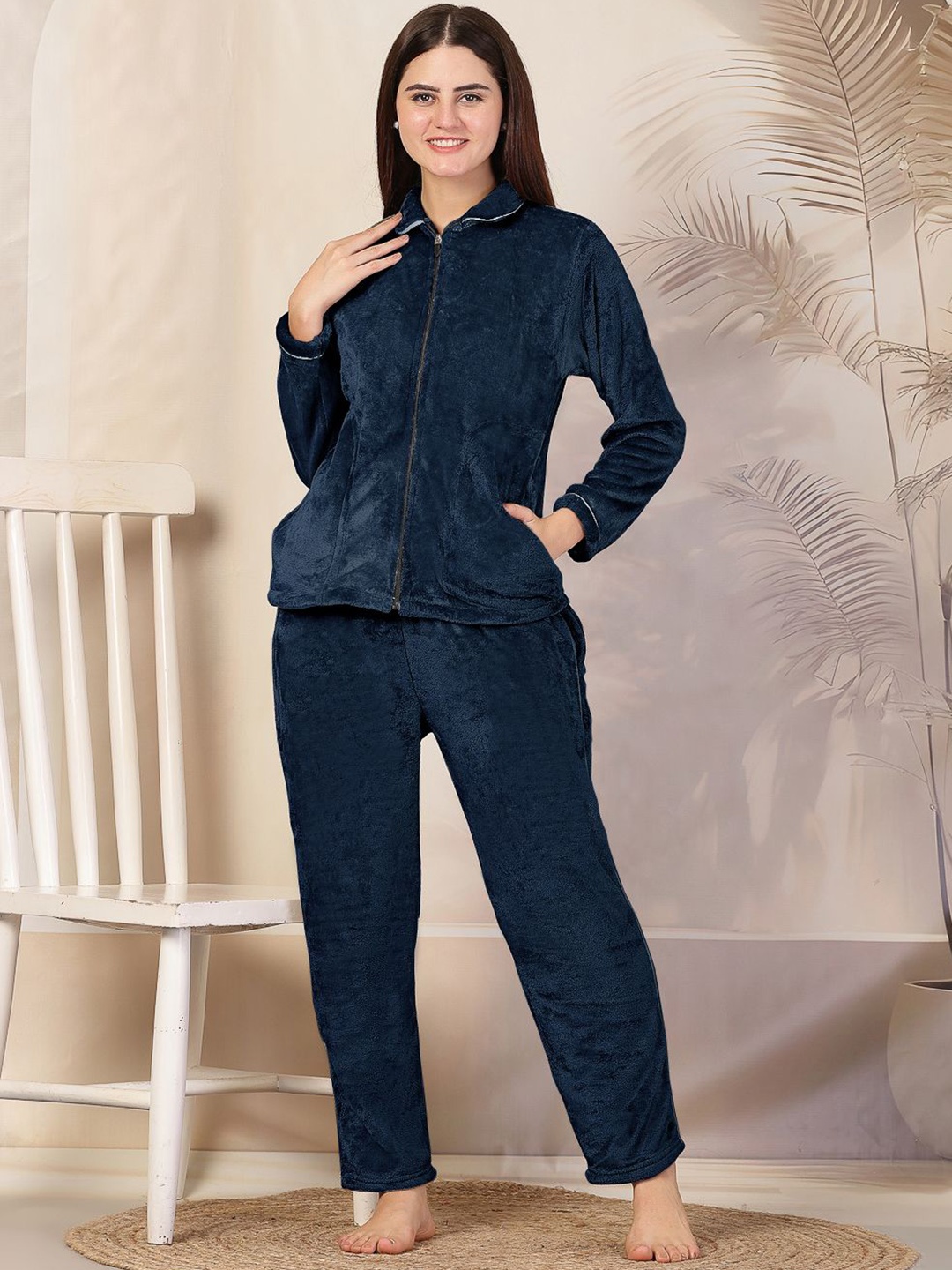 

FABINALIV Solid Shirt Collar Zip Closure Winter Night Suit, Navy blue