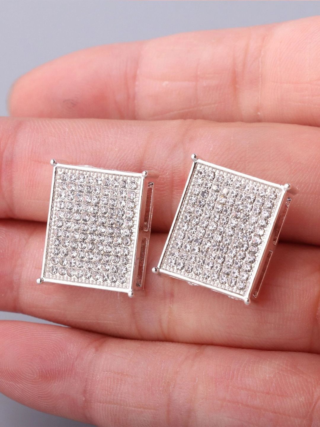 

KRENOZ Men Sterling Silver Cubic Zirconia Square Studs