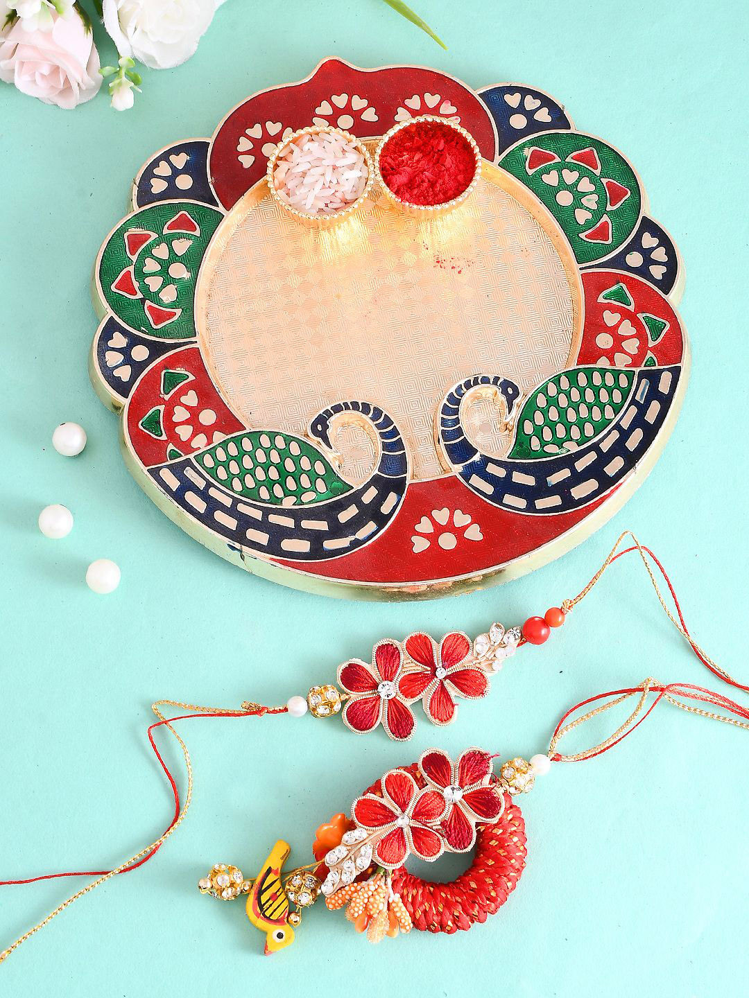 

Aapno Rajasthan Set of 2 Beaded Bhaiya Bhabhi Rakhi With Pooja Thai And Roli Chawal, Red