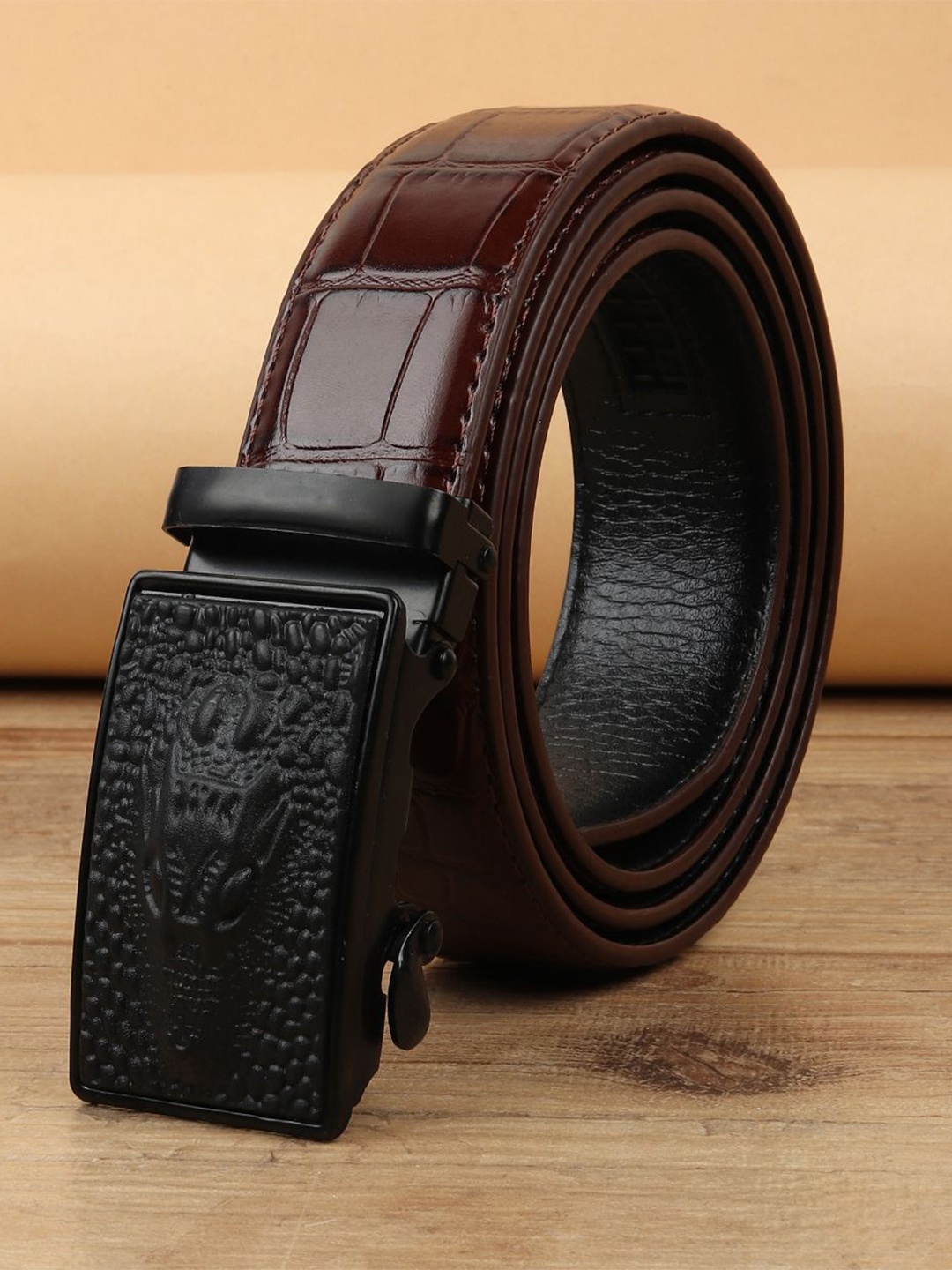 

WINSOME DEAL Men Textured Slider Buckle Formal Belt, Brown