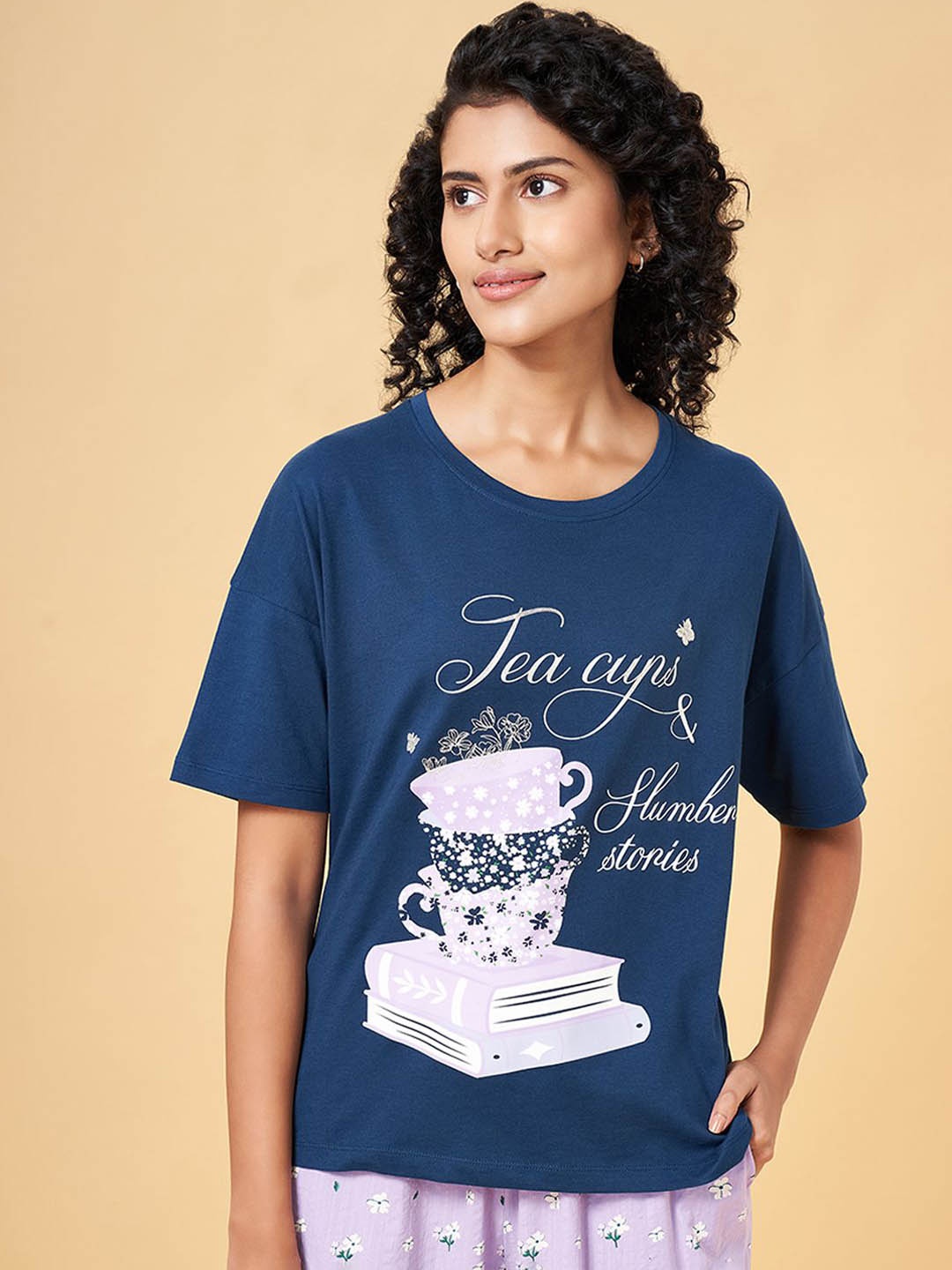 

Dreamz by Pantaloons Printed Cotton Lounge T-shirt, Navy blue