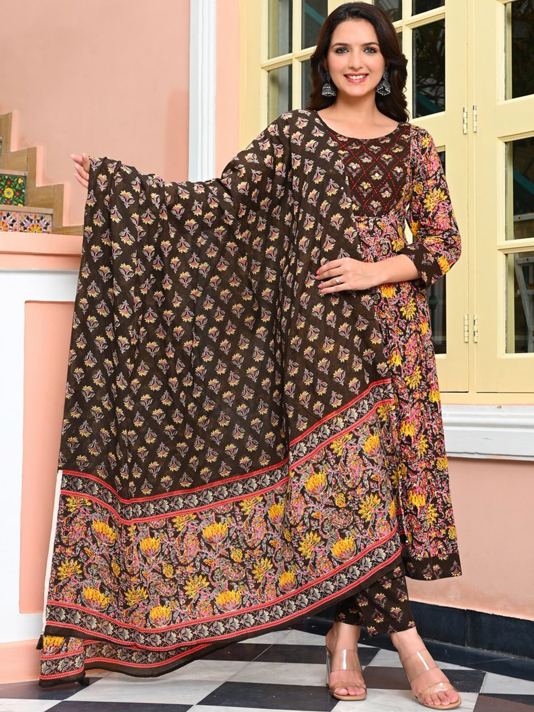 

FrionKandy Floral Printed Pure Cotton Anarkali Kurta With Trouser & Dupatta, Brown