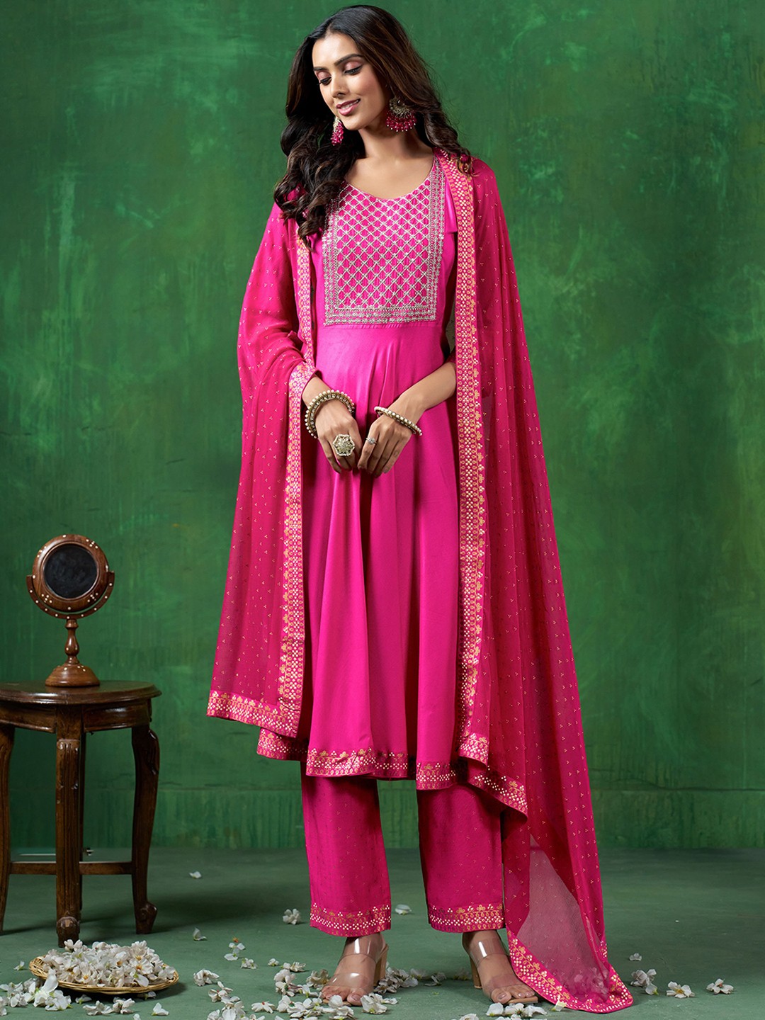 

Sangria Floral Yoke Design Sequinned Anarkali Kurta With Trousers &Dupatta, Pink