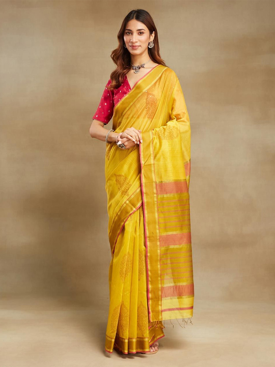 

Fabindia Yellow Cotton Silk Blend Hand Block Printed Sari