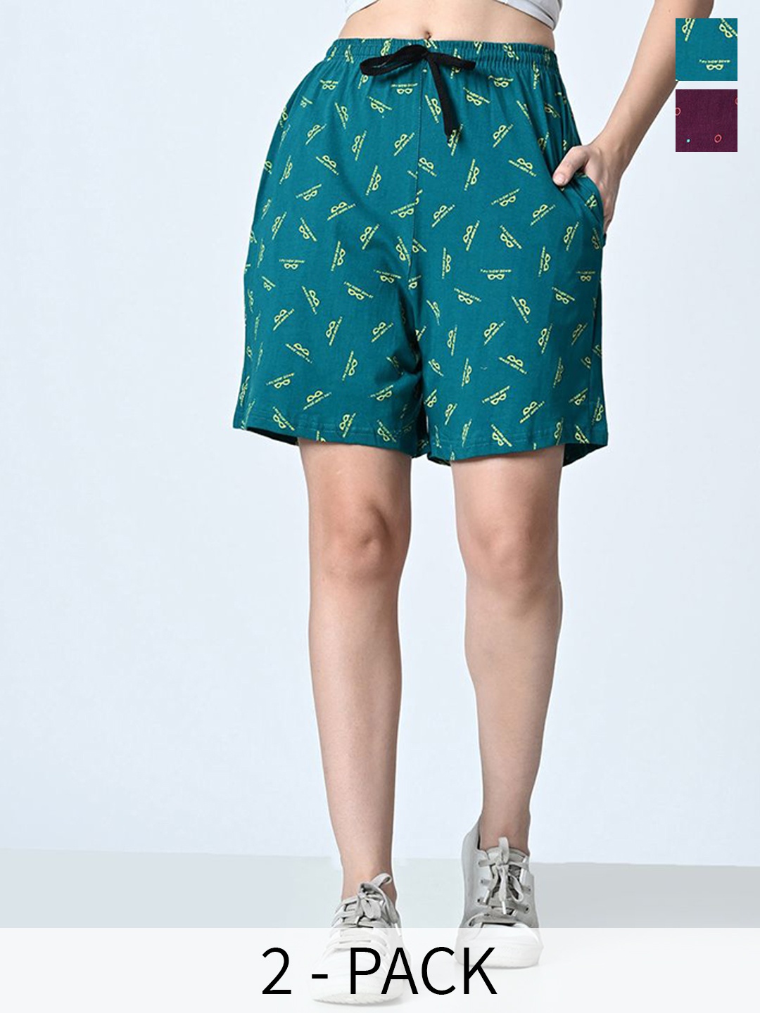 

BAESD Women Pack of 2 Pure Cotton Printed High-Rise Shorts, Green