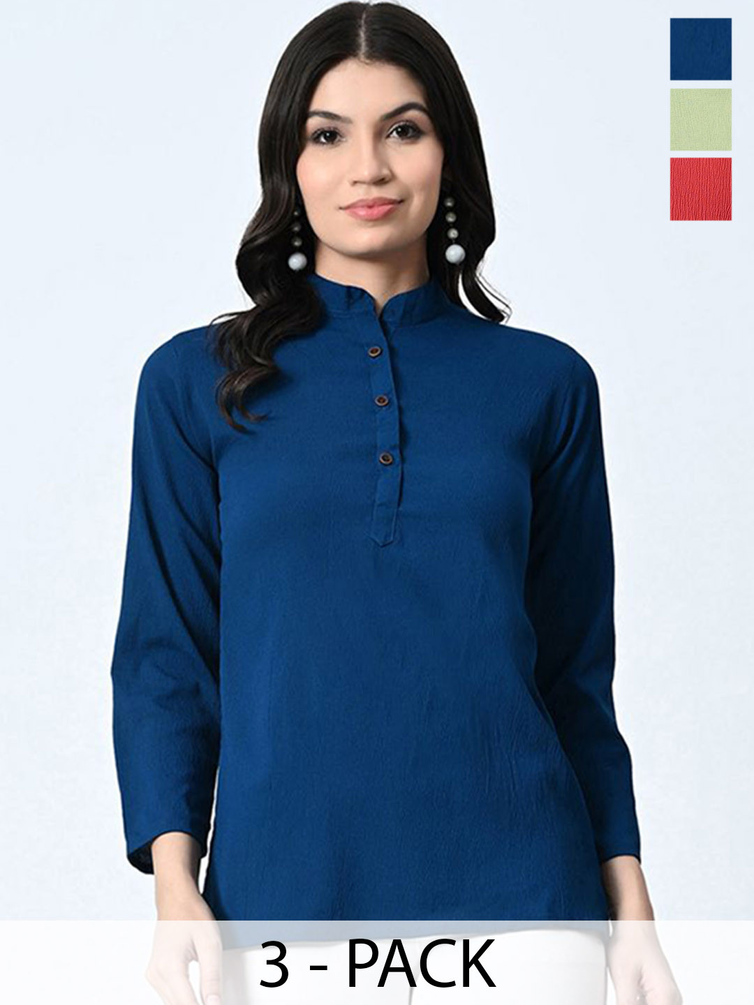 

BAESD Pack Of 3 Band Collar Crepe Tops, Blue