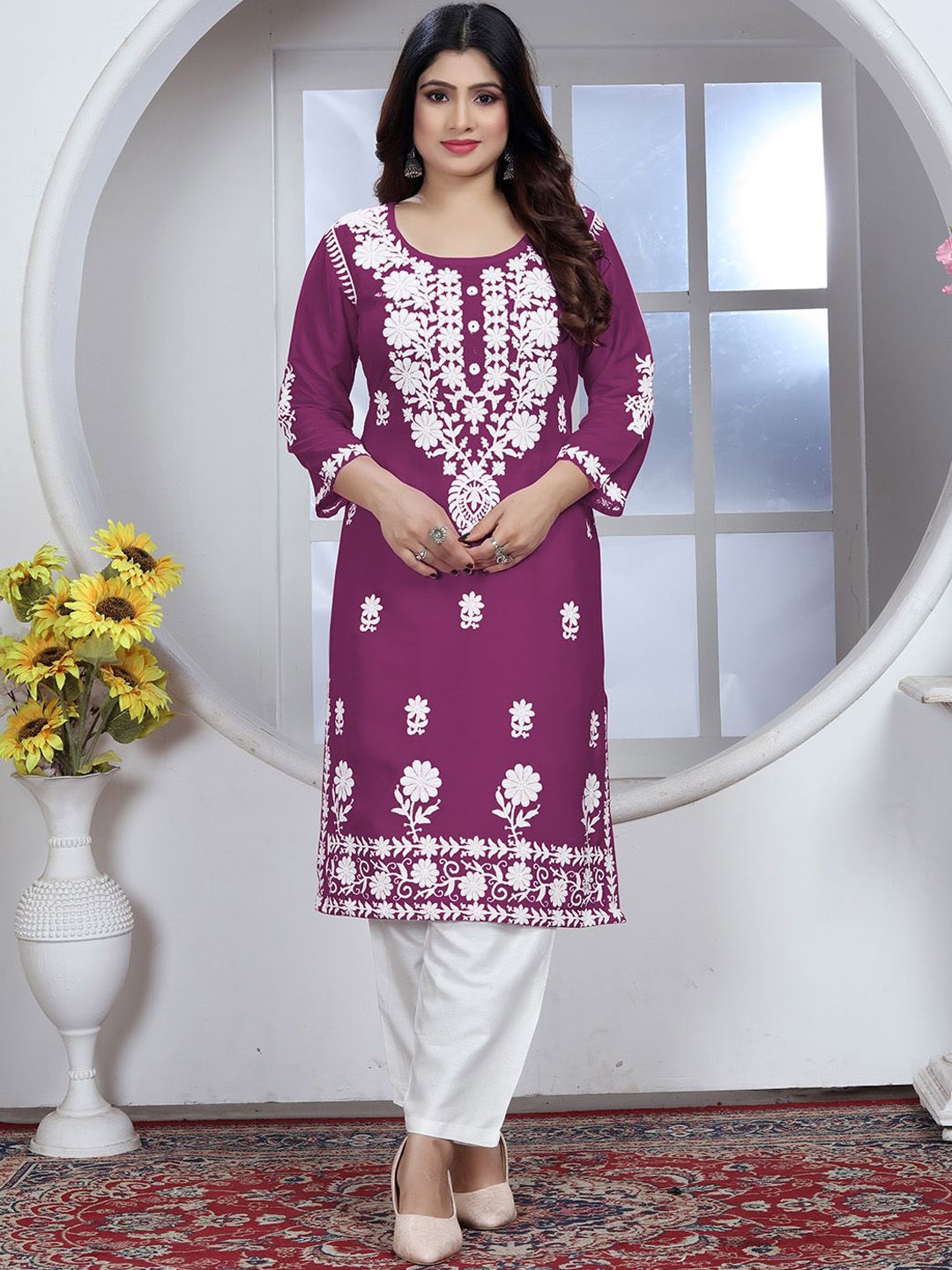 

Lilots Ethnic Motifs Embroidered Chikankari Straight Kurta With Salwar, Violet