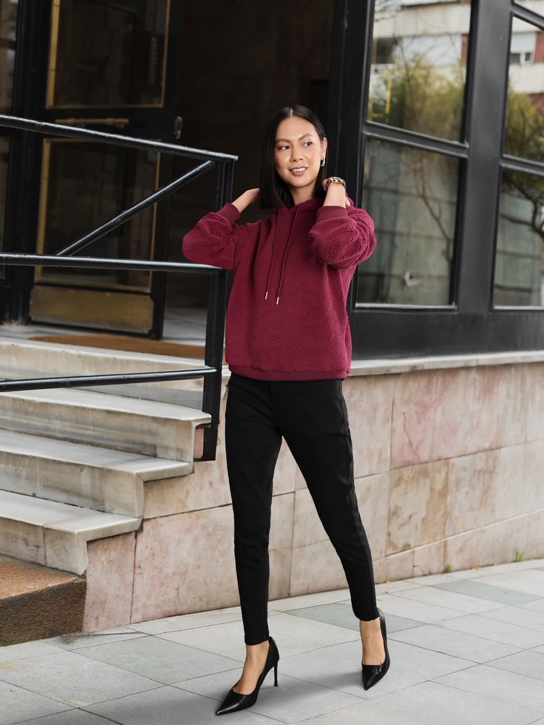 

Chemistry Women Sherpa Hooded Sweatshirt, Burgundy