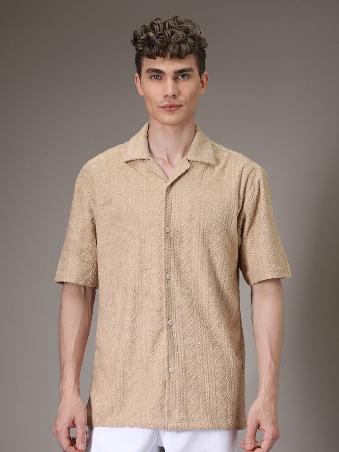 

Banana Club Men Half Sleeves Cuban Collar Knitted Shirt, Beige