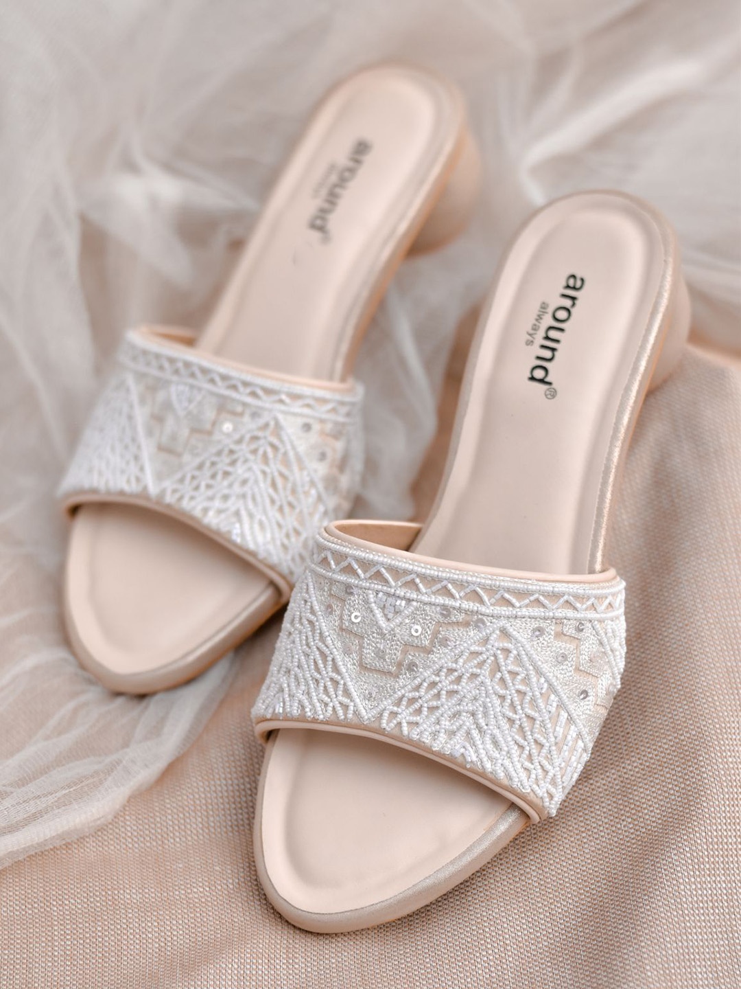 

Around Always Women Embellished Block Heel Sandals, Cream
