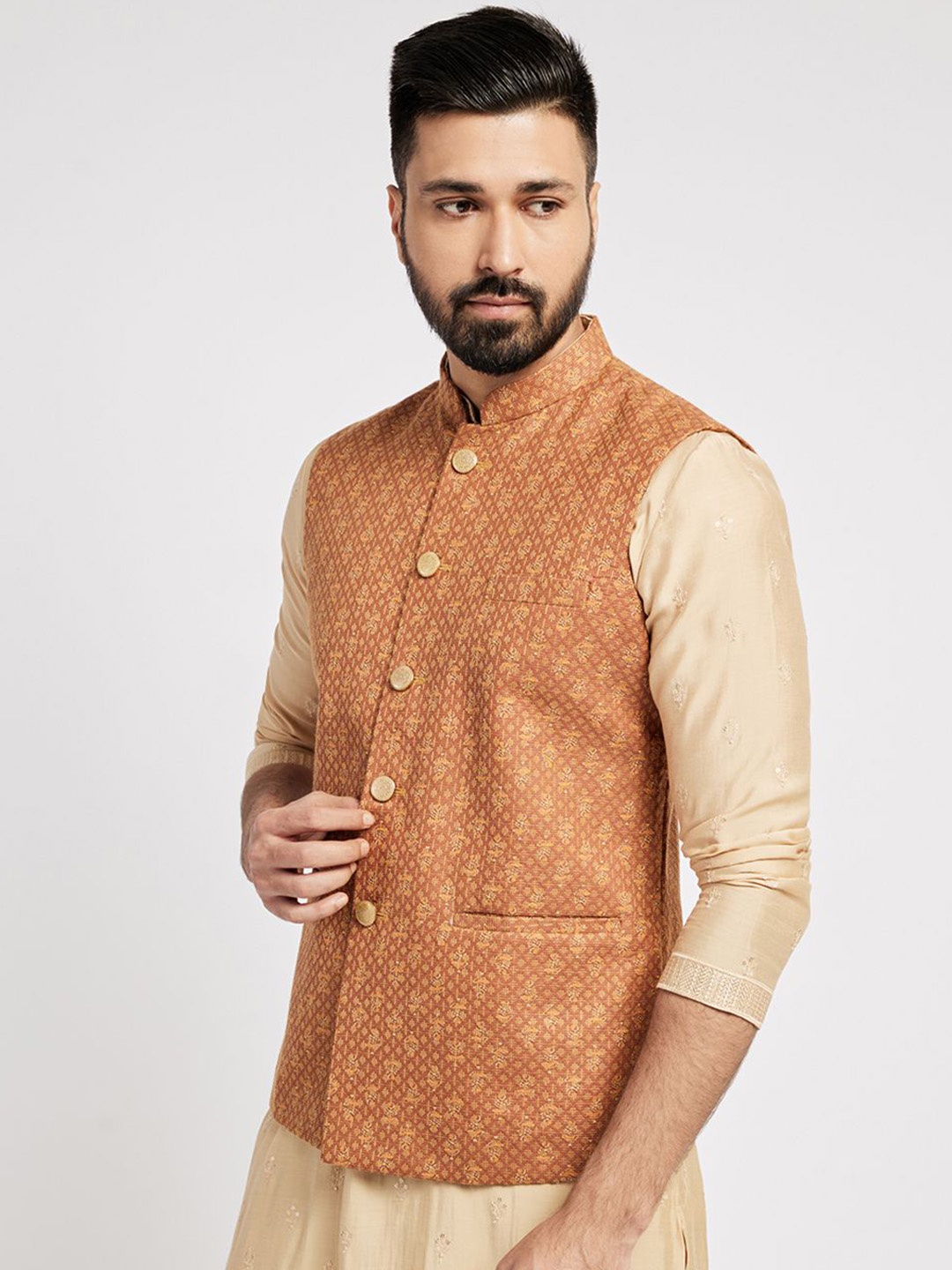 

Ethnic India Abstract Printed Woven Nehru Jacket, Brown