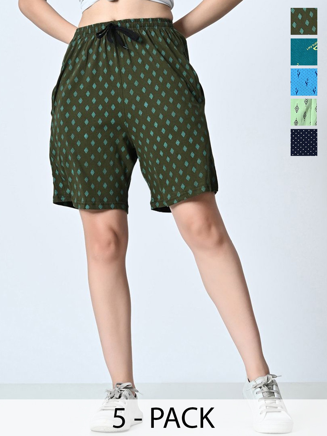 

BAESD Women Pack of 5 Pure Cotton Printed High-Rise Shorts, Green