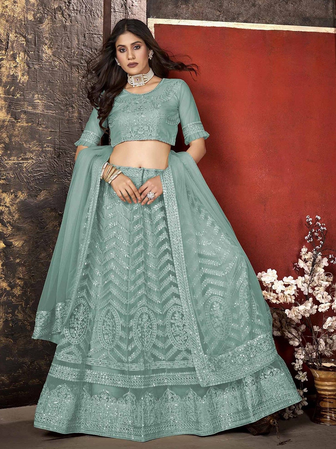 

Cute fellow Embroidered Thread Work Semi-Stitched Lehenga & Unstitched Blouse With Dupatta, Blue