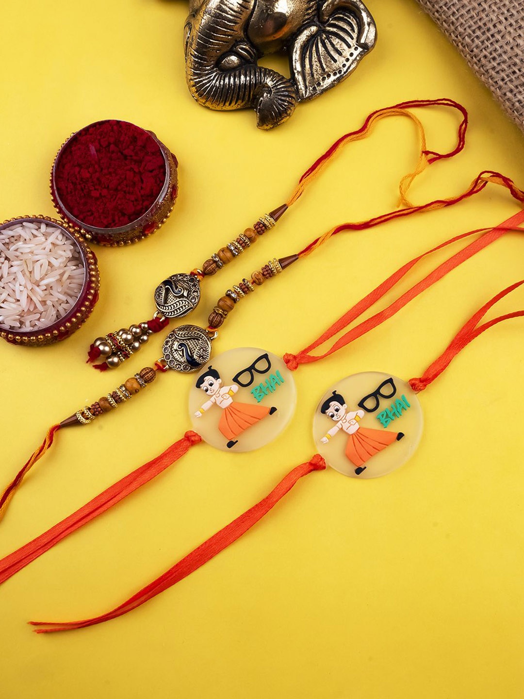 

StileAdda Set Of 3 Bhaiya Bhabhi & Chota Bheam Rakhis With Roli Chawal, Red