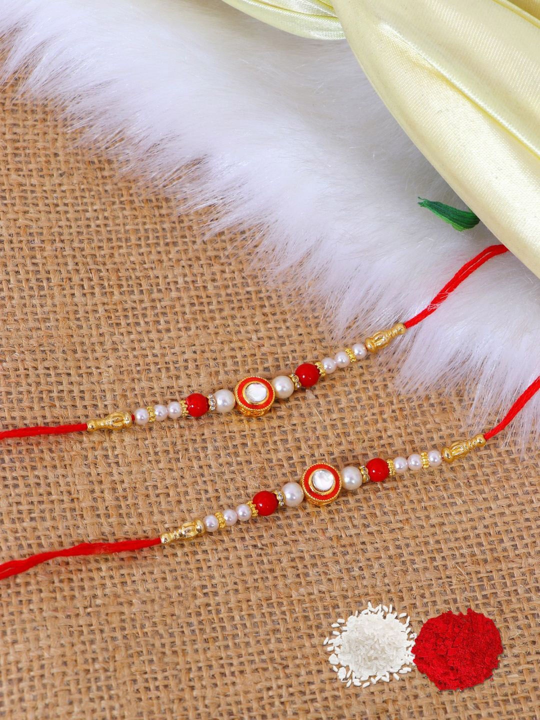 

Crunchy Fashion Set Of 2 Kundan Studded & Beaded Thread Rakhi, Red