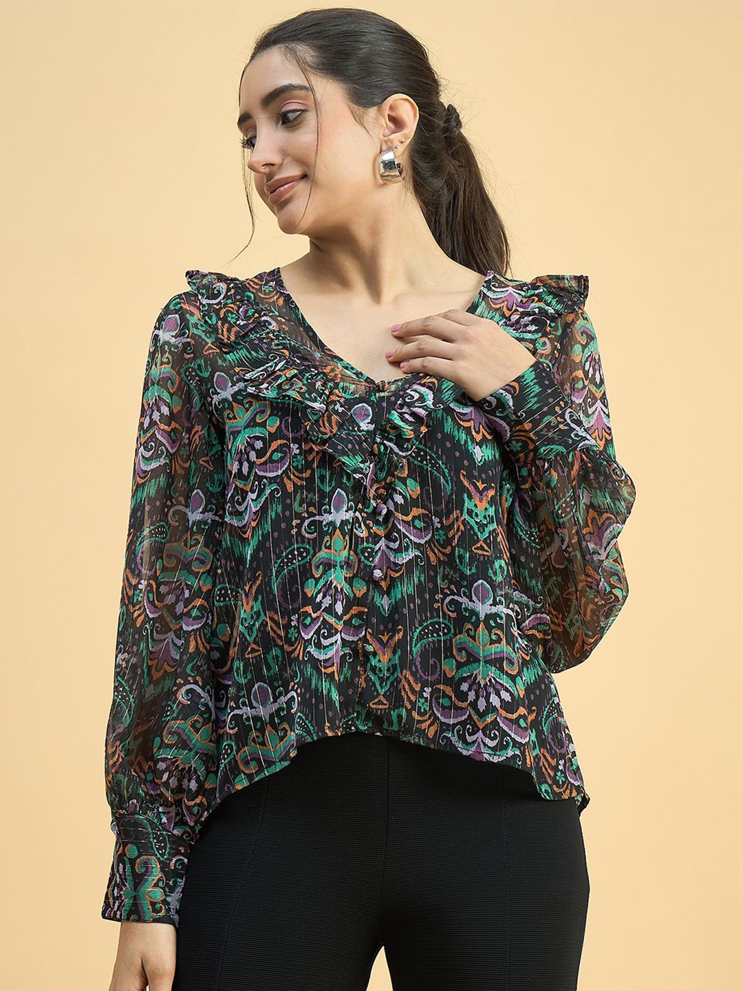 

JUNE & HARRY Women Abstract Printed V-Neck Top, Green