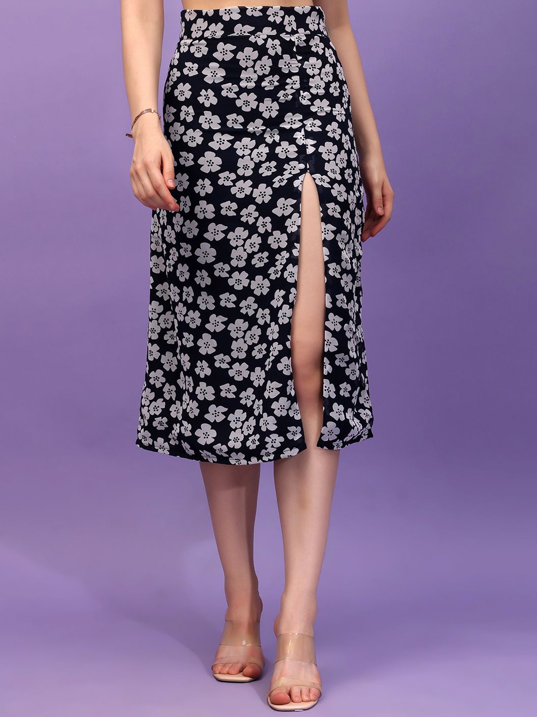 

Cation Women Floral Printed Flared Midi Skirts, Navy blue