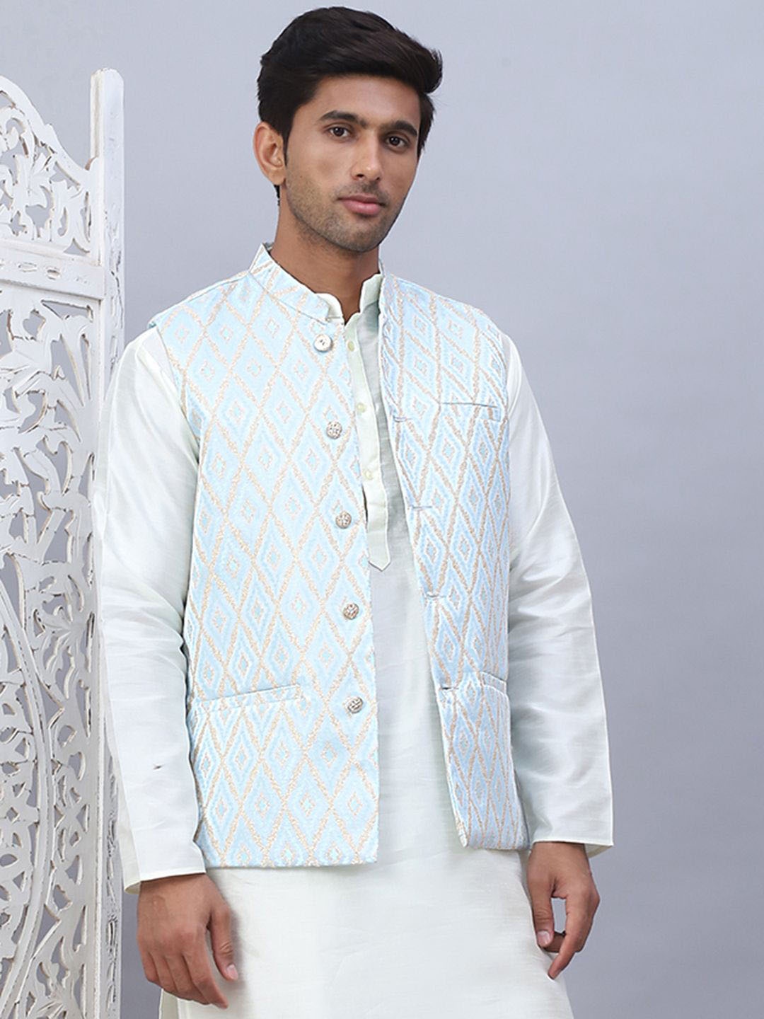 

Jompers Embossed Nehru Jackets, Turquoise blue