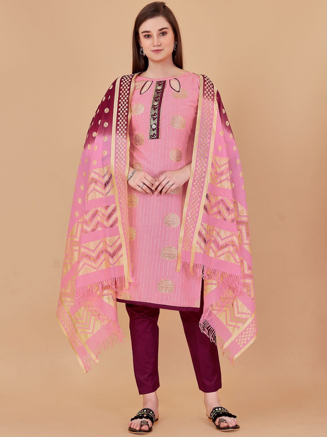 

JULEE Ethnic Motifs Embroidered Sequinned Unstitched Dress Material, Peach