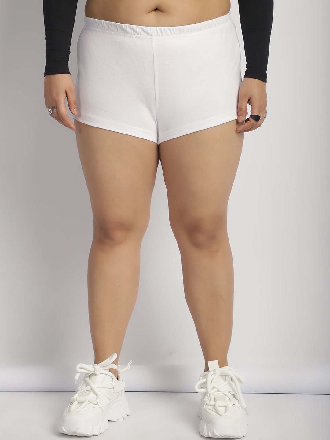 

thkgrlz Women Plus Size Mid-Rise Sports Shorts, White